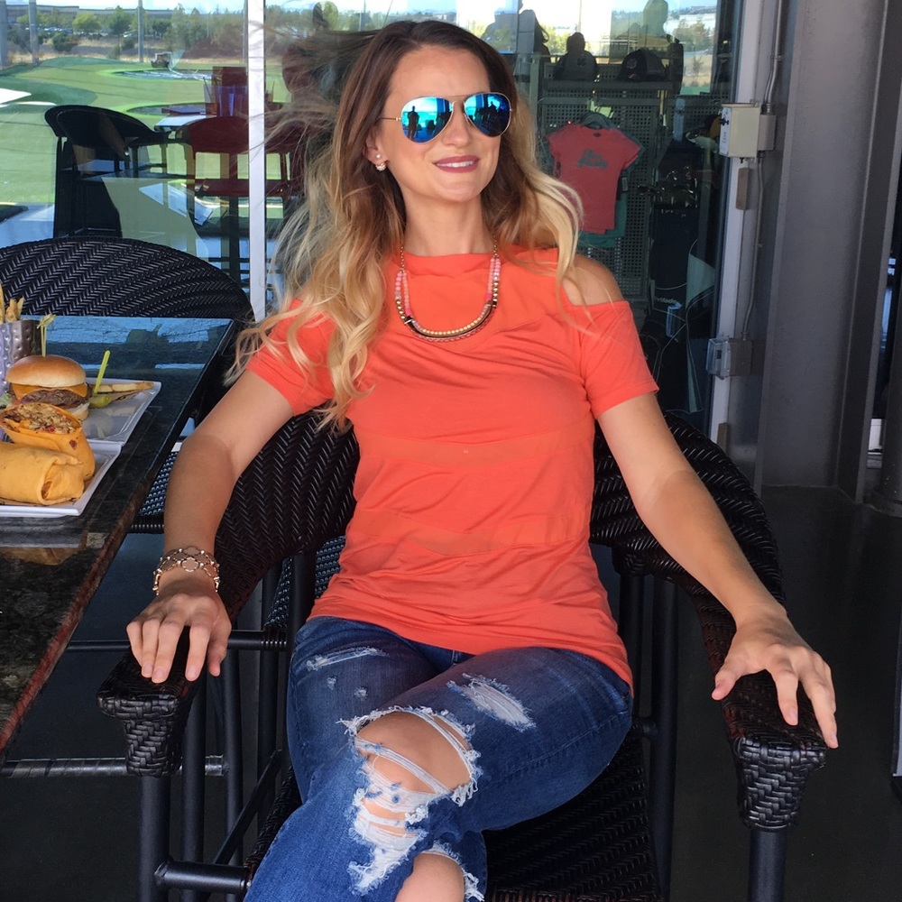 Butter soft orange Guess cold shoulder top